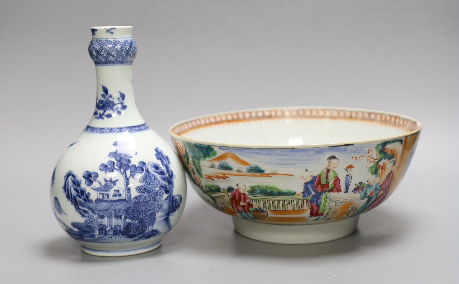 A Chinese Qianlong blue and white garlic neck vase and a famille rose bowl, 18th century, bowl diameter 26cm